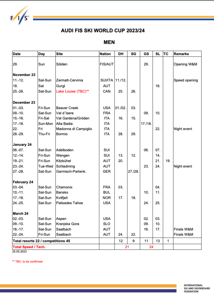 Men’s 2023/24 Alpine FIS World Cup calendar